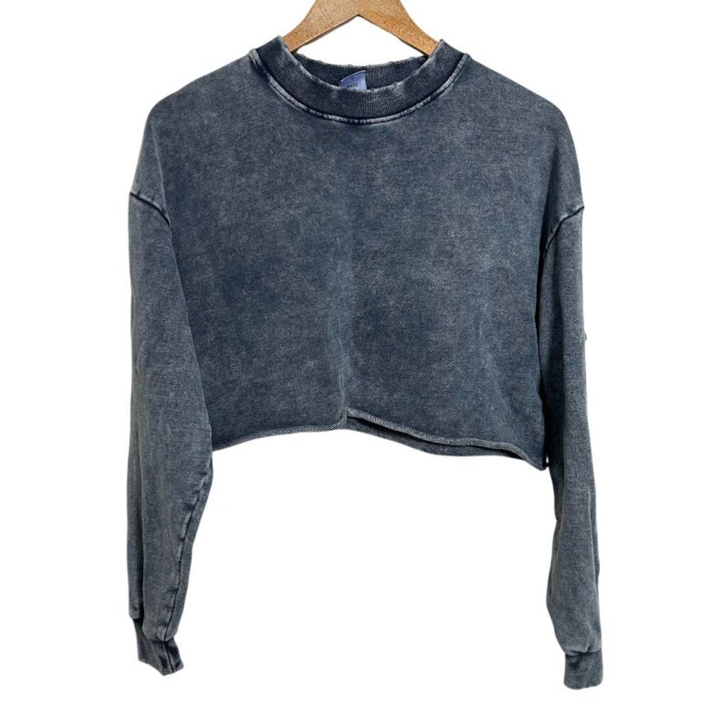 New Wave Street Culture Cropped Crewneck Sweatshirt Womens S Blue Gray Distress